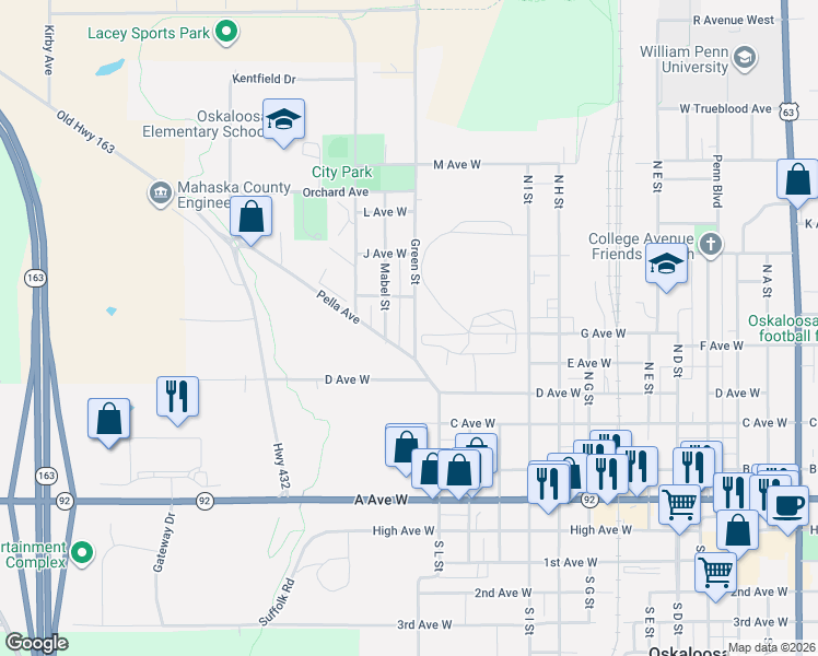 map of restaurants, bars, coffee shops, grocery stores, and more near 127-145 Pella Ave in Oskaloosa