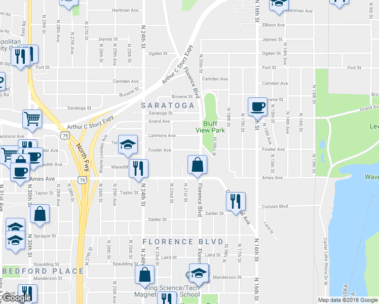 map of restaurants, bars, coffee shops, grocery stores, and more near 2017 Fowler Avenue in Omaha