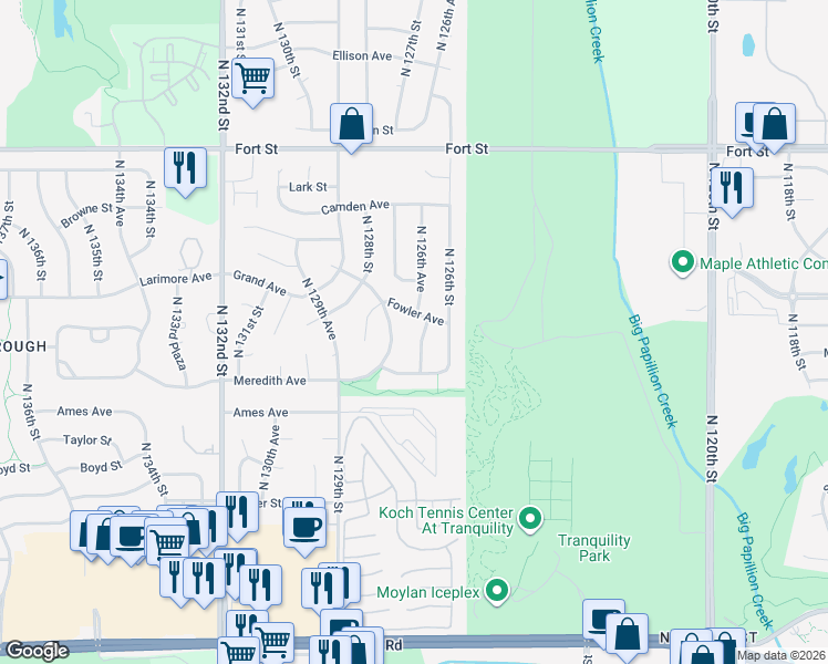 map of restaurants, bars, coffee shops, grocery stores, and more near 4651 North 127th Street in Omaha