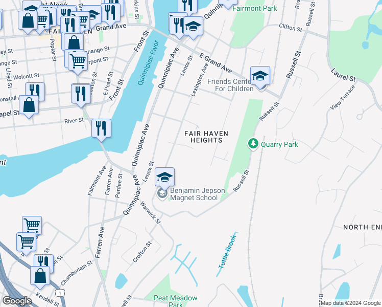 map of restaurants, bars, coffee shops, grocery stores, and more near 121 Lexington Avenue in New Haven