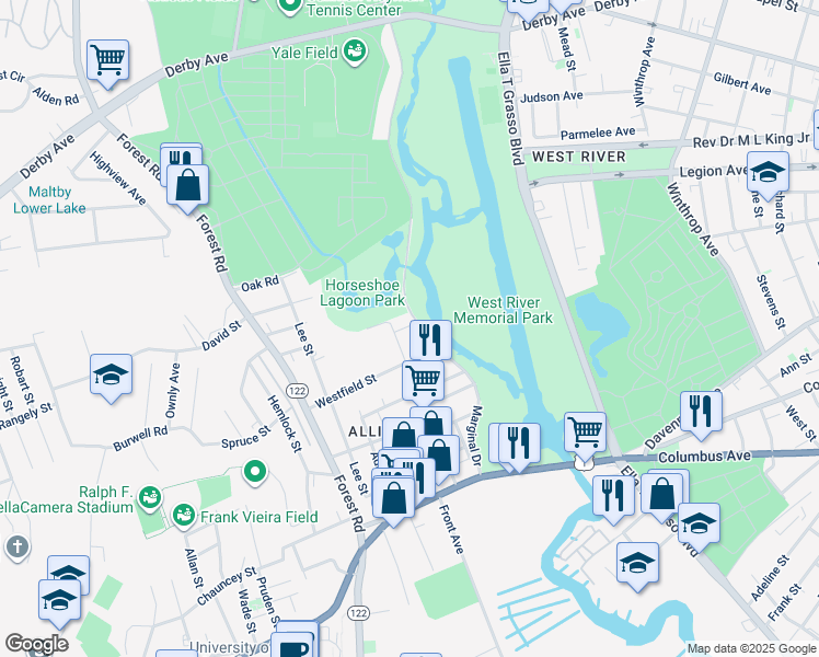 map of restaurants, bars, coffee shops, grocery stores, and more near in West Haven