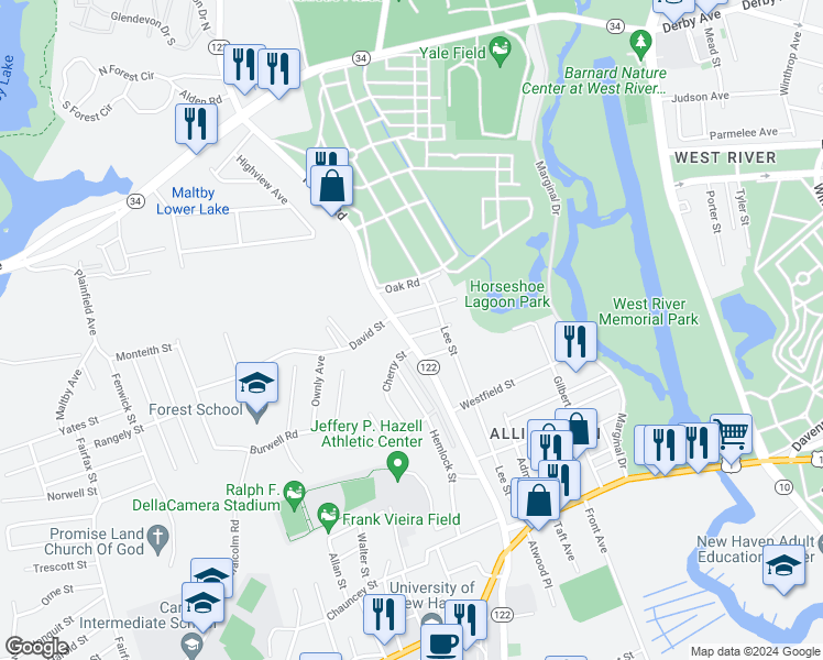 map of restaurants, bars, coffee shops, grocery stores, and more near 204 Forest Road in West Haven
