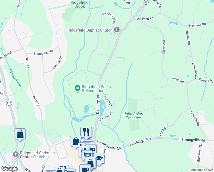 map of restaurants, bars, coffee shops, grocery stores, and more near 2 Redwood Lane in Ridgefield