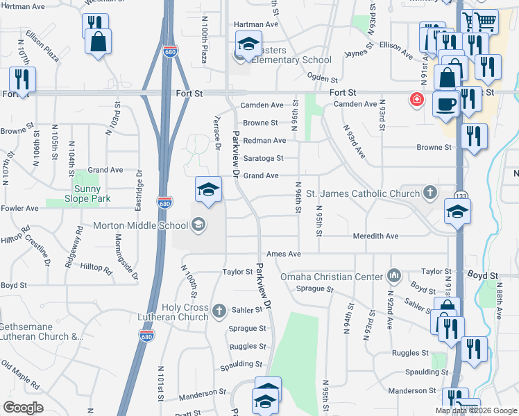map of restaurants, bars, coffee shops, grocery stores, and more near 9724 Fowler Avenue in Omaha