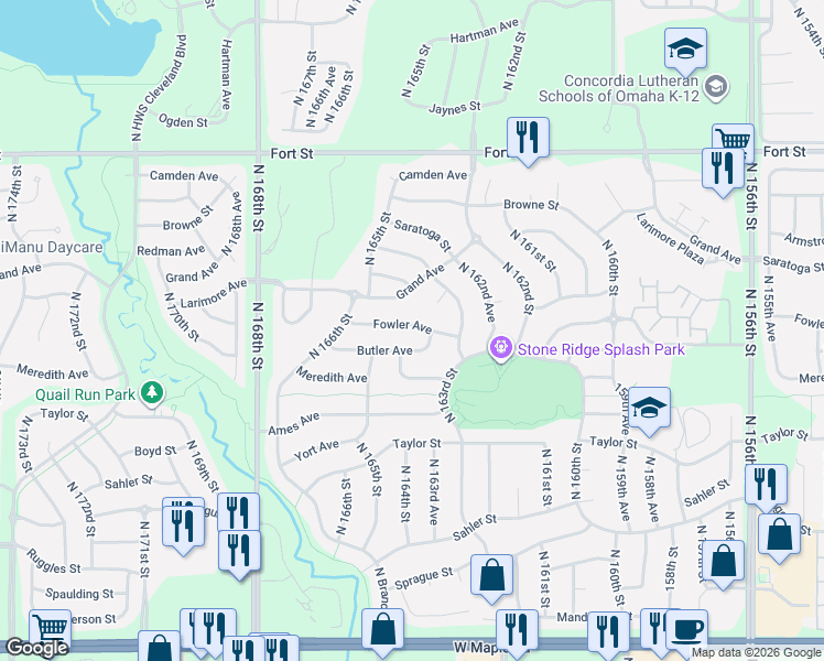 map of restaurants, bars, coffee shops, grocery stores, and more near 16364 Butler Avenue in Omaha