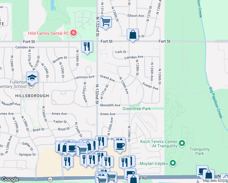 map of restaurants, bars, coffee shops, grocery stores, and more near 4632 North 130th Circle in Omaha