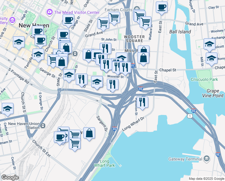 map of restaurants, bars, coffee shops, grocery stores, and more near 7 Brown Street in New Haven
