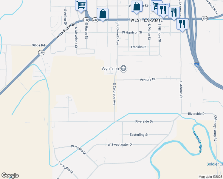 map of restaurants, bars, coffee shops, grocery stores, and more near South Colorado Avenue in Laramie