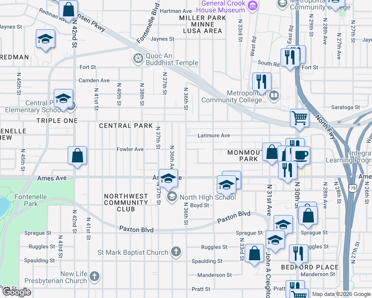 map of restaurants, bars, coffee shops, grocery stores, and more near N 36th St & Fowler Ave in Omaha