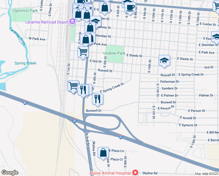map of restaurants, bars, coffee shops, grocery stores, and more near 509 East Spring Creek Drive in Laramie