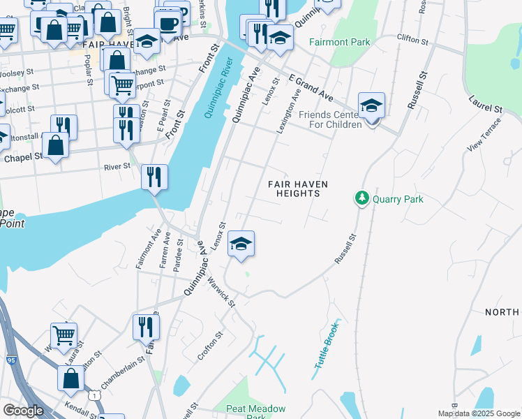 map of restaurants, bars, coffee shops, grocery stores, and more near 127 Lexington Avenue in New Haven