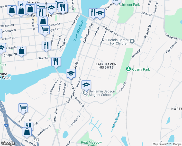 map of restaurants, bars, coffee shops, grocery stores, and more near 127 Lexington Avenue in New Haven