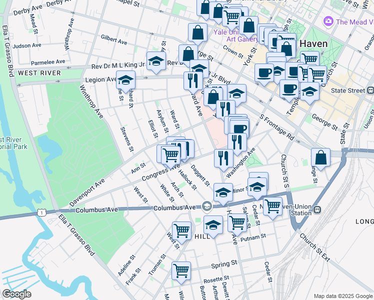 map of restaurants, bars, coffee shops, grocery stores, and more near 517 Congress Avenue in New Haven
