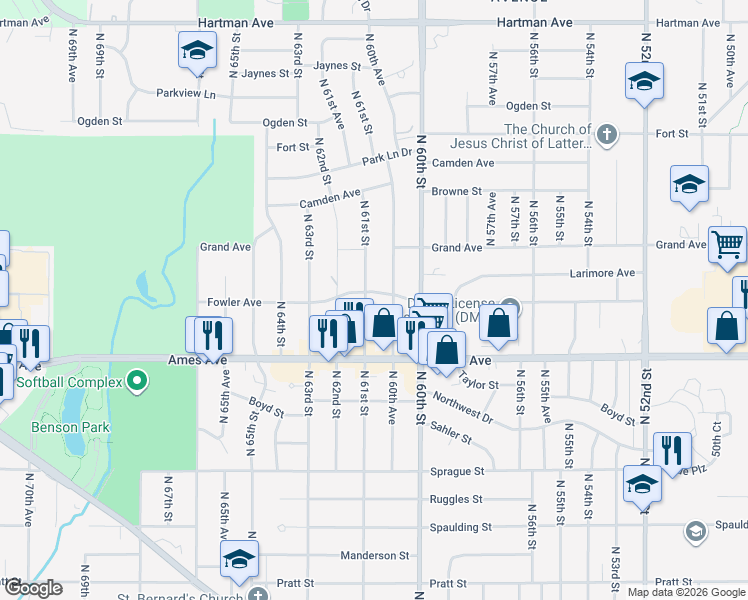 map of restaurants, bars, coffee shops, grocery stores, and more near 4540 North 60th Avenue in Omaha