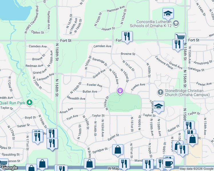 map of restaurants, bars, coffee shops, grocery stores, and more near 4670 North 163rd Street in Omaha