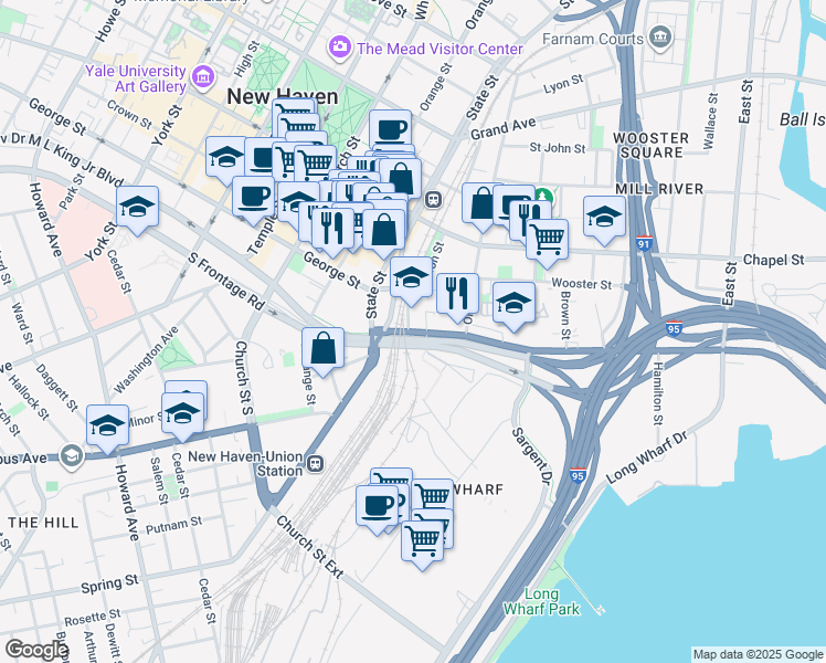 map of restaurants, bars, coffee shops, grocery stores, and more near 175 Water Street in New Haven