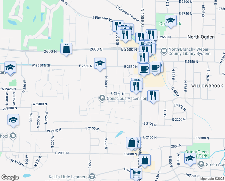 map of restaurants, bars, coffee shops, grocery stores, and more near 205 East 2350 North in North Ogden