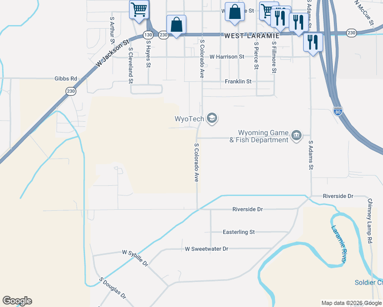 map of restaurants, bars, coffee shops, grocery stores, and more near South Colorado Avenue in Laramie