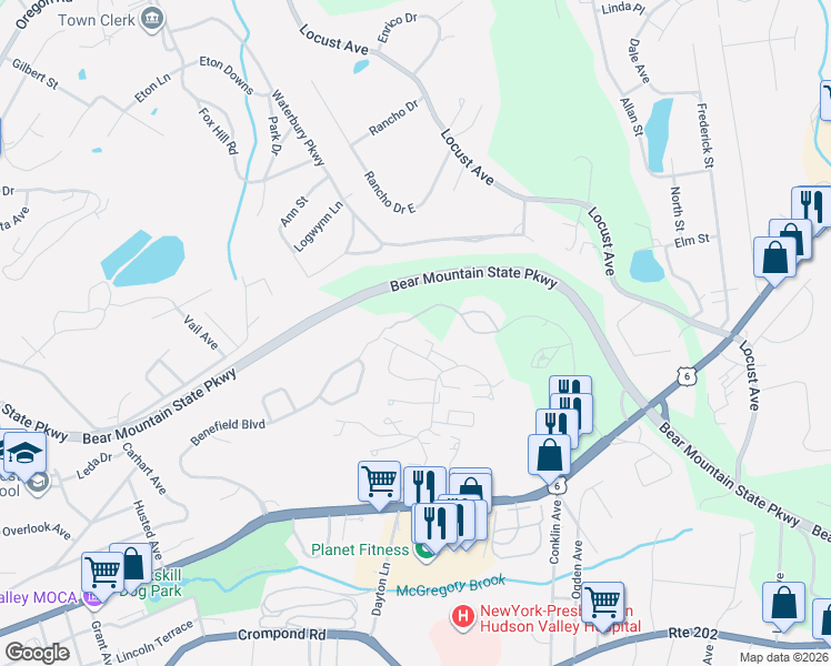 map of restaurants, bars, coffee shops, grocery stores, and more near 15 Edinburgh Drive in Peekskill