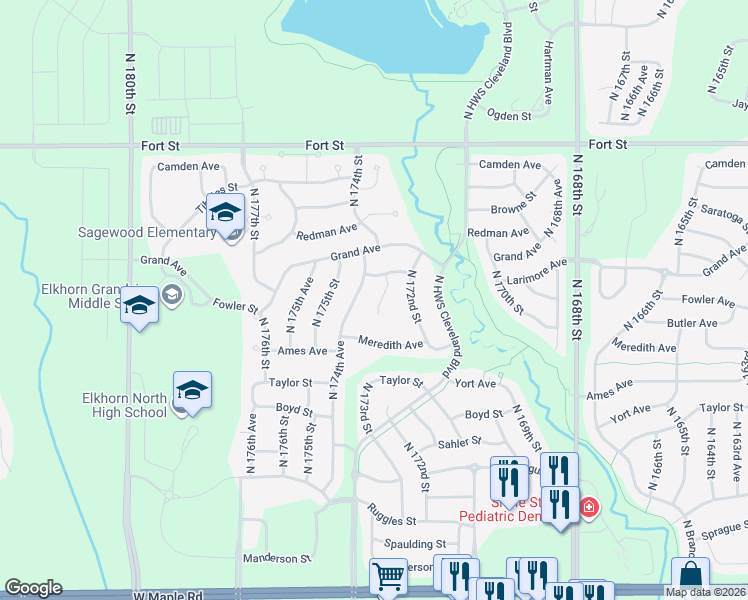 map of restaurants, bars, coffee shops, grocery stores, and more near 4708 173rd Street in Omaha