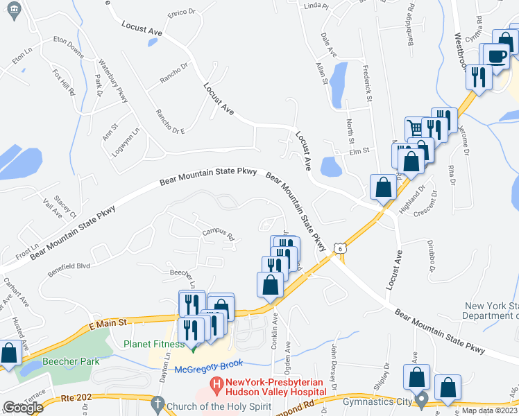 map of restaurants, bars, coffee shops, grocery stores, and more near 2500 Jacobs Hill Road in Cortlandt