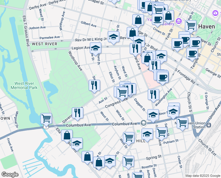 map of restaurants, bars, coffee shops, grocery stores, and more near 210 Davenport Avenue in New Haven