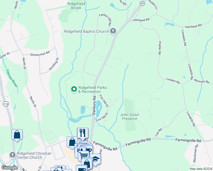 map of restaurants, bars, coffee shops, grocery stores, and more near 2 Redwood Lane in Ridgefield