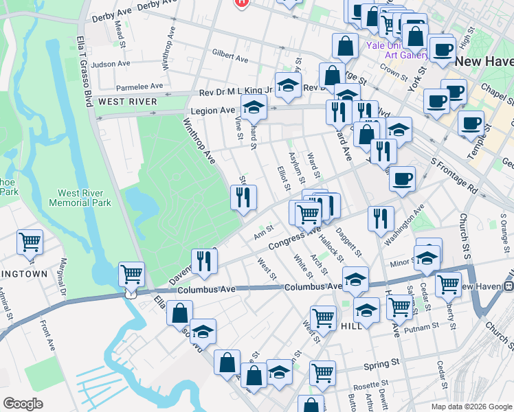 map of restaurants, bars, coffee shops, grocery stores, and more near 9 Stevens Street in New Haven