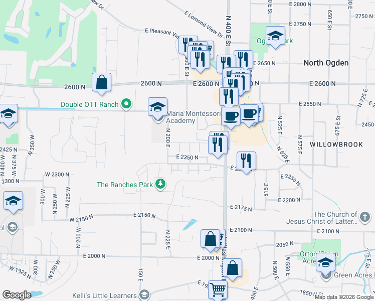 map of restaurants, bars, coffee shops, grocery stores, and more near 2355 North 275 East in North Ogden