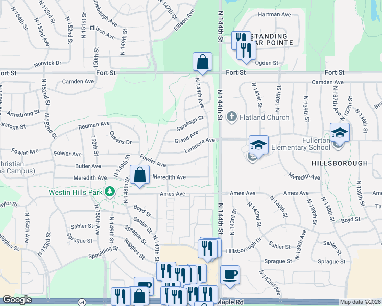 map of restaurants, bars, coffee shops, grocery stores, and more near 14502 Fowler Avenue in Omaha