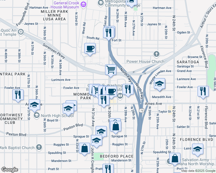 map of restaurants, bars, coffee shops, grocery stores, and more near 4607 North 30th Street in Omaha