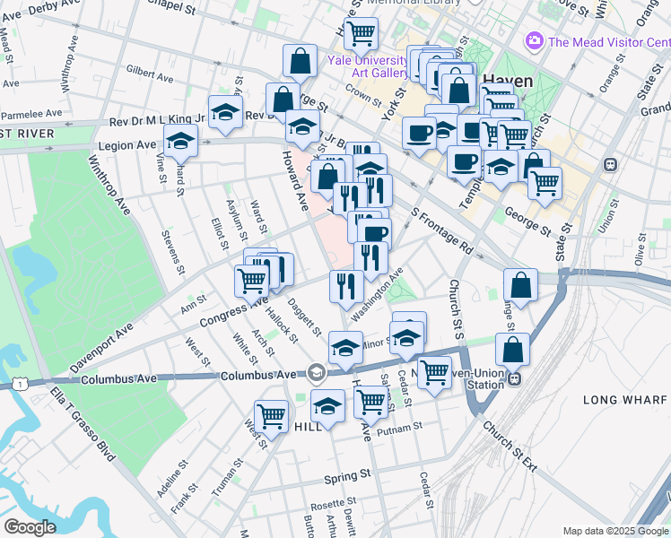 map of restaurants, bars, coffee shops, grocery stores, and more near 1 Gilbert Street in New Haven