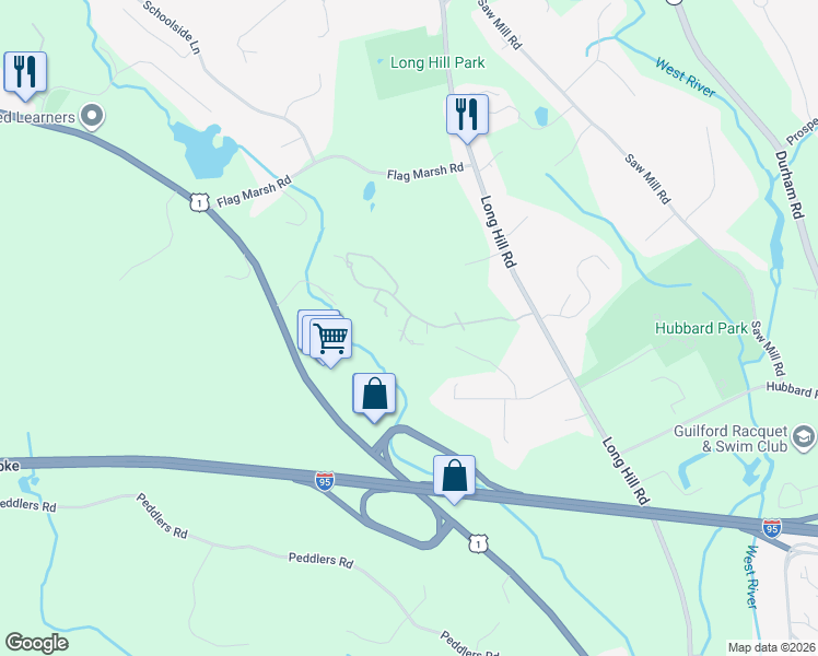 map of restaurants, bars, coffee shops, grocery stores, and more near 10 Copper Ridge Circle in Guilford