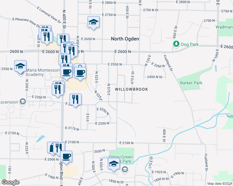 map of restaurants, bars, coffee shops, grocery stores, and more near 2349 600 East Street in North Ogden