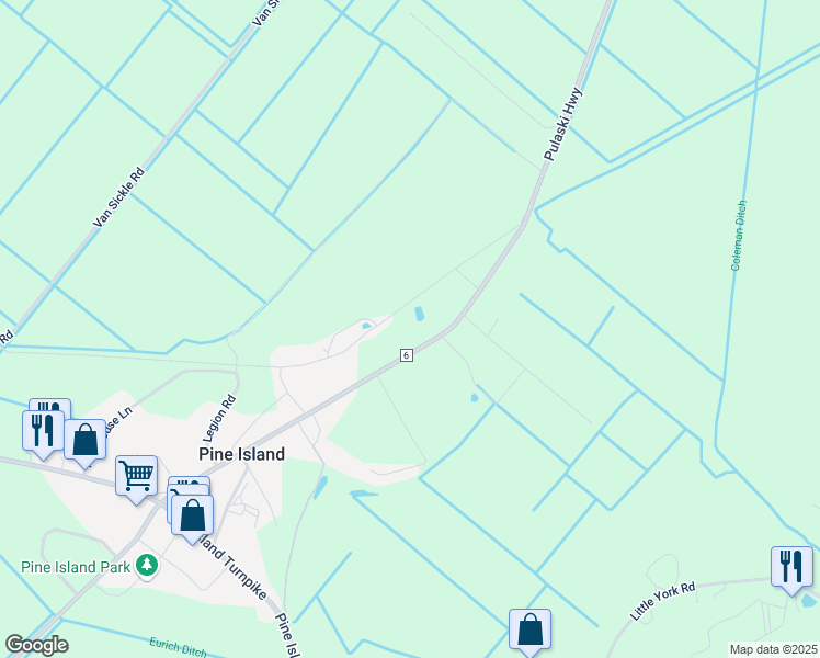 map of restaurants, bars, coffee shops, grocery stores, and more near 127 Pulaski Highway in Pine Island