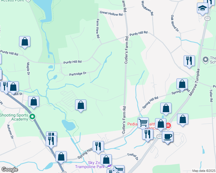 map of restaurants, bars, coffee shops, grocery stores, and more near 43 Country Ridge Drive in Monroe
