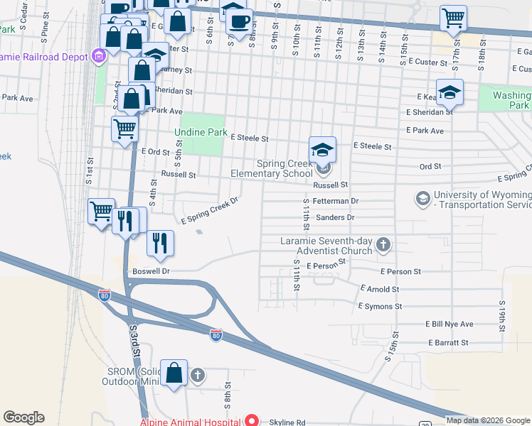 map of restaurants, bars, coffee shops, grocery stores, and more near 1307-1399 South 9th Street in Laramie