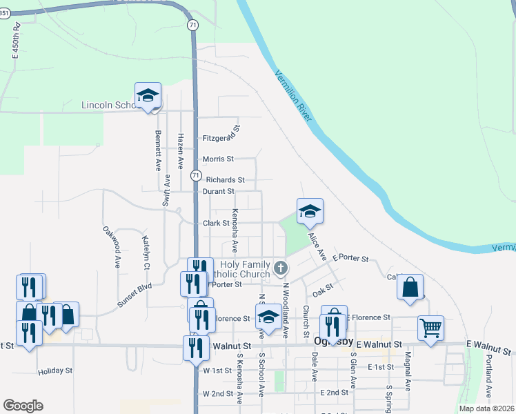 map of restaurants, bars, coffee shops, grocery stores, and more near 304 Clark Street in Oglesby