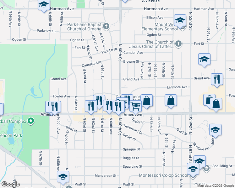 map of restaurants, bars, coffee shops, grocery stores, and more near in Omaha