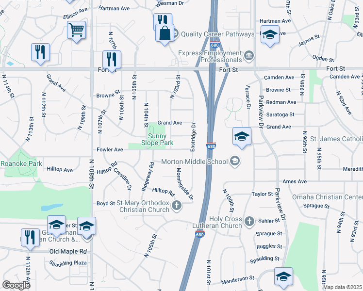 map of restaurants, bars, coffee shops, grocery stores, and more near 10277 Fowler Avenue in Omaha