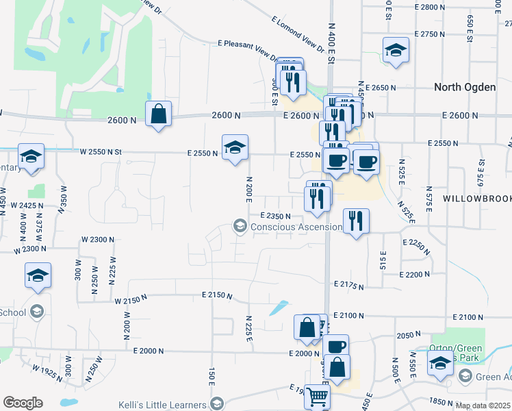 map of restaurants, bars, coffee shops, grocery stores, and more near 2421 North Washington Road Boulevard in Ogden