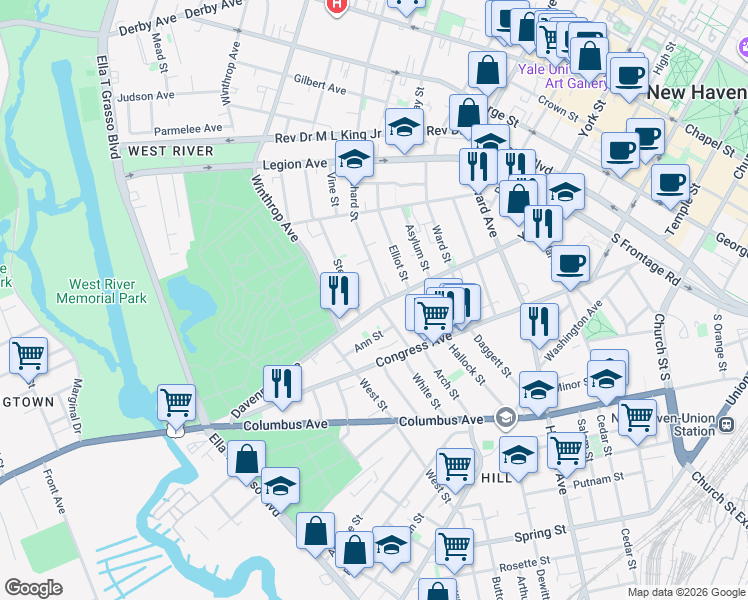 map of restaurants, bars, coffee shops, grocery stores, and more near 250 Davenport Avenue in New Haven