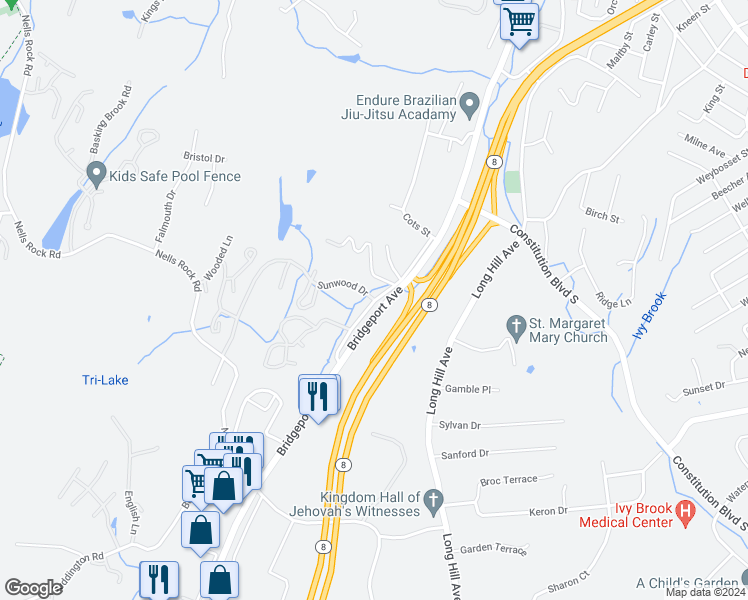 map of restaurants, bars, coffee shops, grocery stores, and more near 1 Sunwood Drive in Shelton