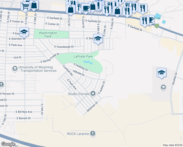 map of restaurants, bars, coffee shops, grocery stores, and more near 2300-2398 Hillside Drive in Laramie