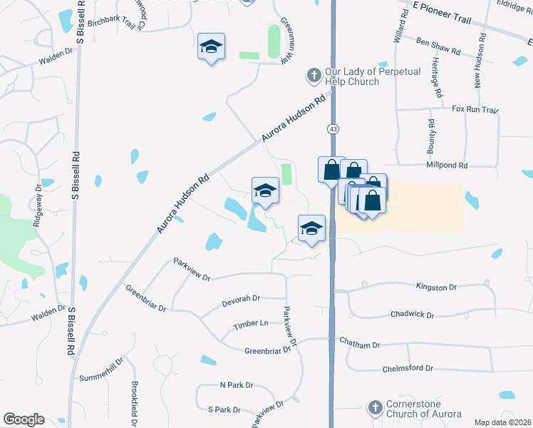 map of restaurants, bars, coffee shops, grocery stores, and more near 121 Aurora Hudson Road in Aurora