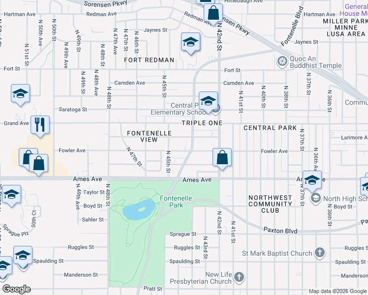 map of restaurants, bars, coffee shops, grocery stores, and more near 4616 Fontenelle Boulevard in Omaha