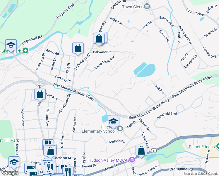 map of restaurants, bars, coffee shops, grocery stores, and more near 1110 Frost Lane in Peekskill