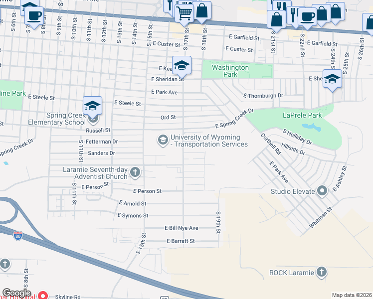 map of restaurants, bars, coffee shops, grocery stores, and more near 1710 Sanders Drive in Laramie