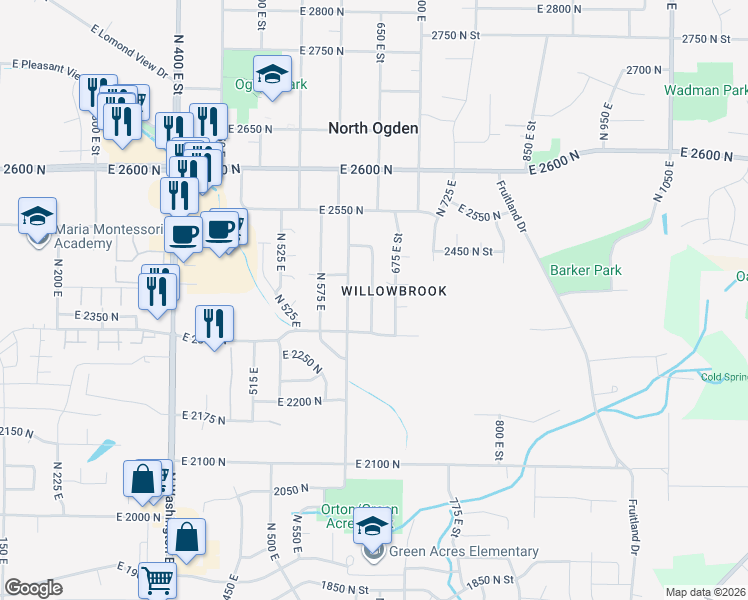 map of restaurants, bars, coffee shops, grocery stores, and more near 2318 650 East Street in Ogden