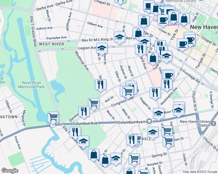 map of restaurants, bars, coffee shops, grocery stores, and more near 250 Davenport Avenue in New Haven